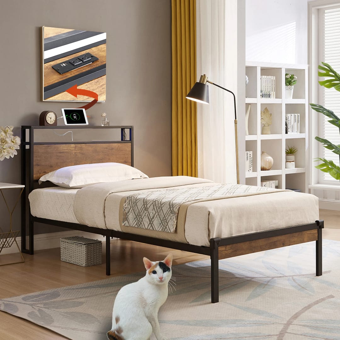 Texas Full Size Metal Platform Bed Frame with Wooden Headboard and Footboard with USB Liner 2 Full Size metal bed JCW311USB F 3