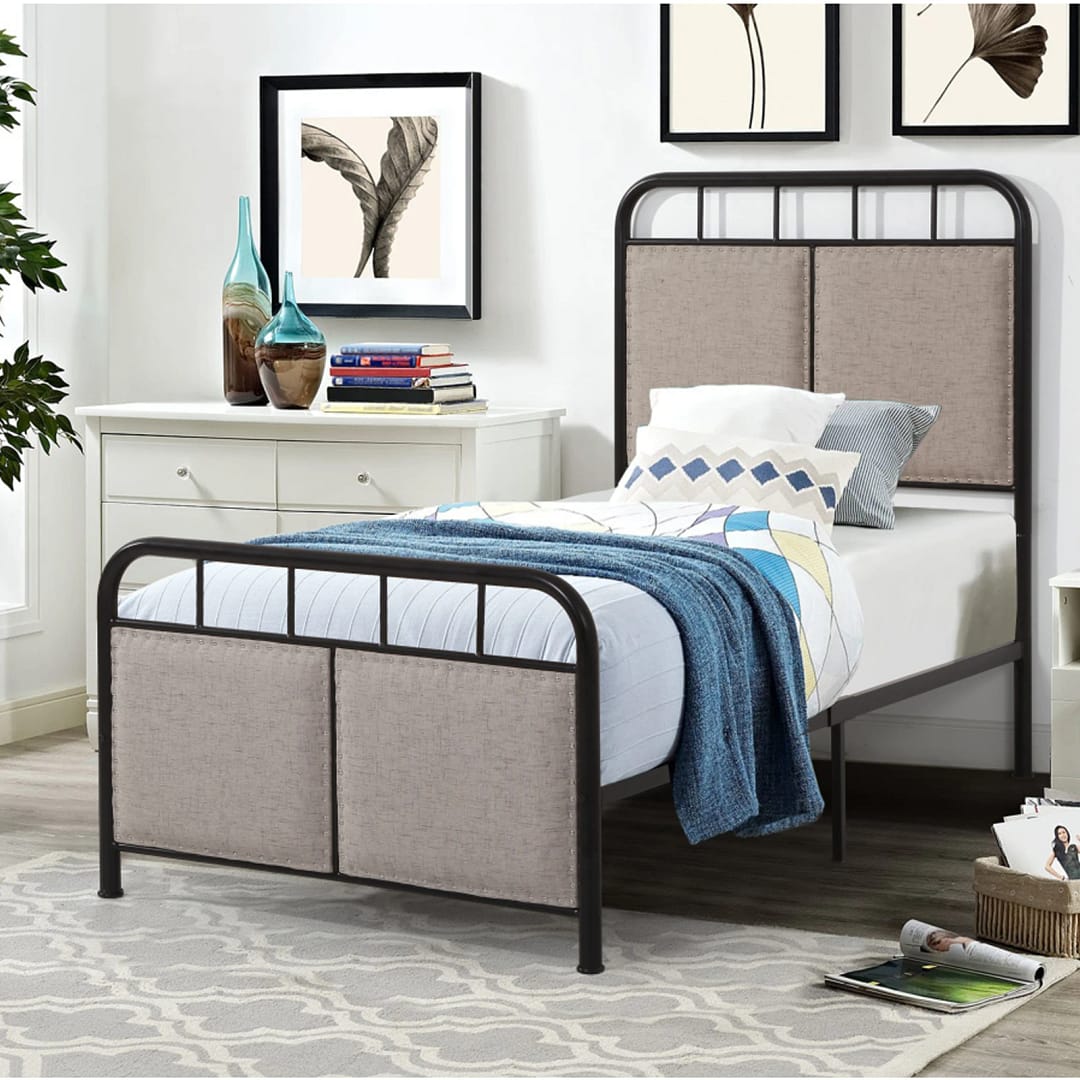 Corta Full Size Metal Bed Frame with Beige Linen Panel Decoration 1 Metal Full Bed