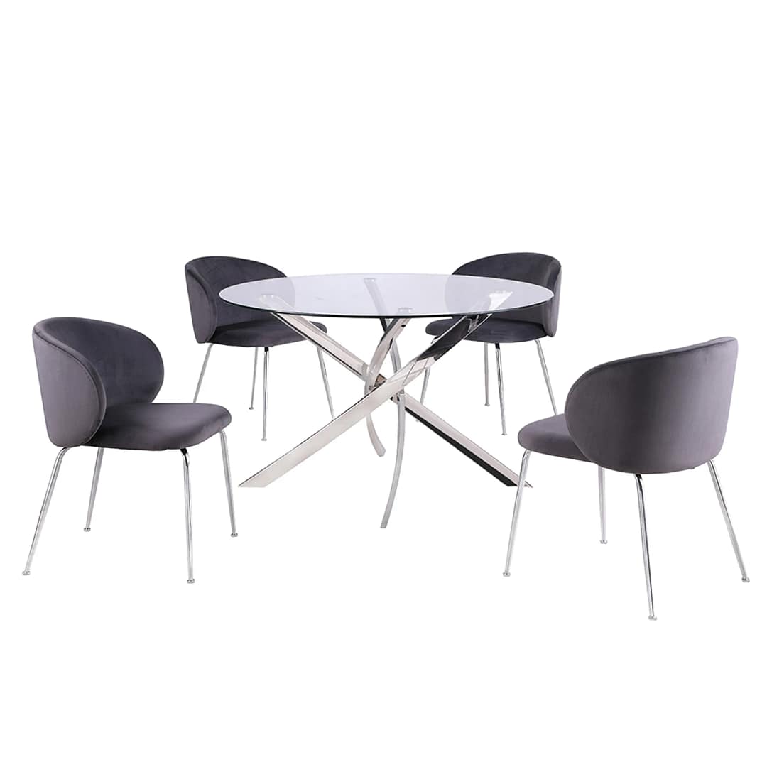 5 Piece Amart Dark Grey Velvet Round Dining Table Set