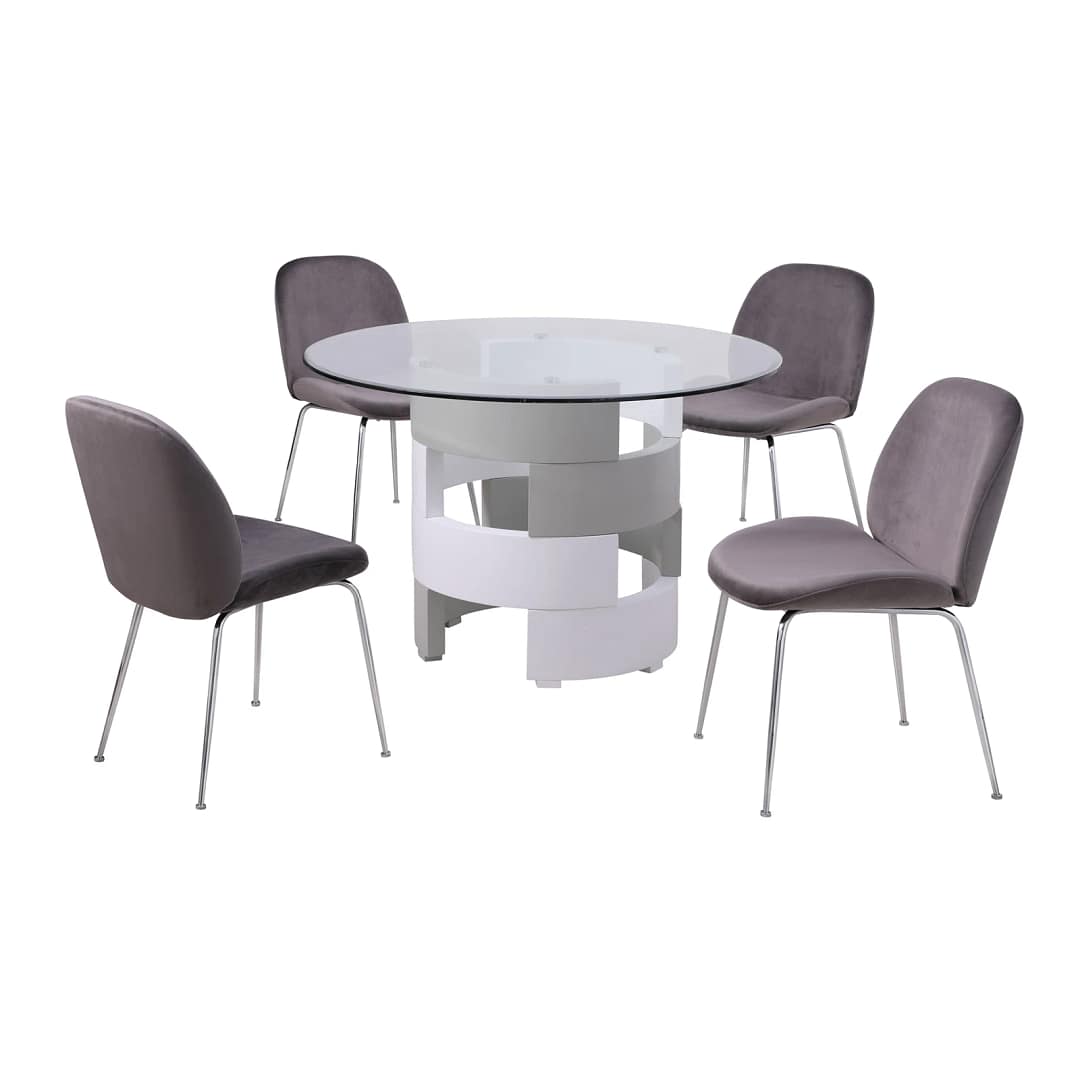5 Piece Taylor Medium Grey Velvet Round Dining Table Set