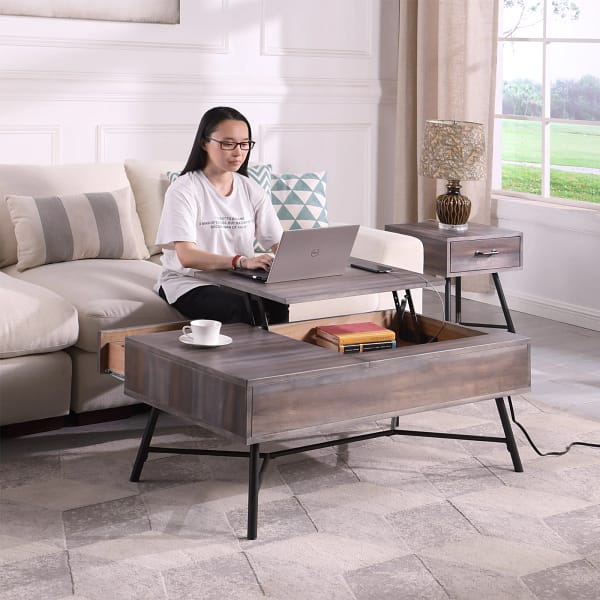 Drawer lift top coffee table with USB charger